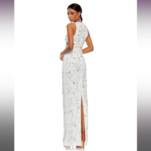 NWT $698 MAC DUGGAL 10873 WHITE EMBELLISHED JEWEL NECK CUTOUT WAIST COLUMN DRESS - Picture 3 of 5